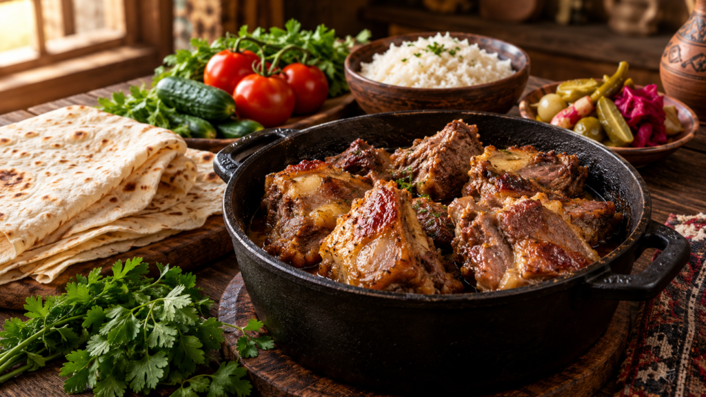Armenian lamb ghavurma in a cast-iron pot, served with lavash, fresh vegetables and herbs