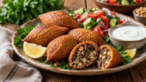 Armenian ishli kufta, stuffed bulgur meatballs, one cut open to show the meat and walnut filling, served with lemon and fresh herbs