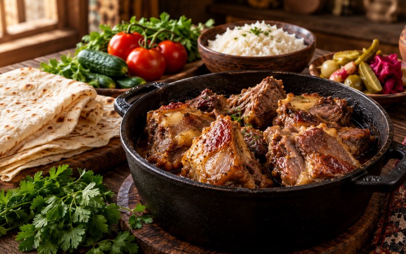 Armenian lamb ghavurma in a cast-iron pot, served with lavash, fresh vegetables and herbs