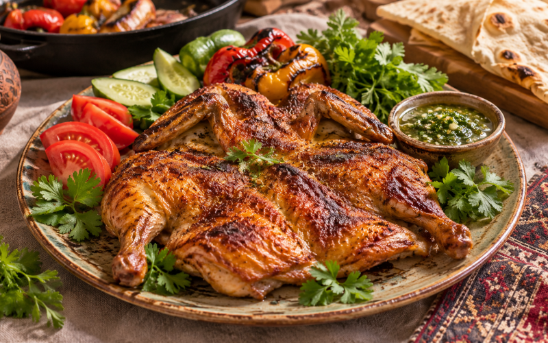 Armavir chicken tapaka: flattened golden crispy pan-fried chicken served with fresh vegetables, herb sauce and lavash